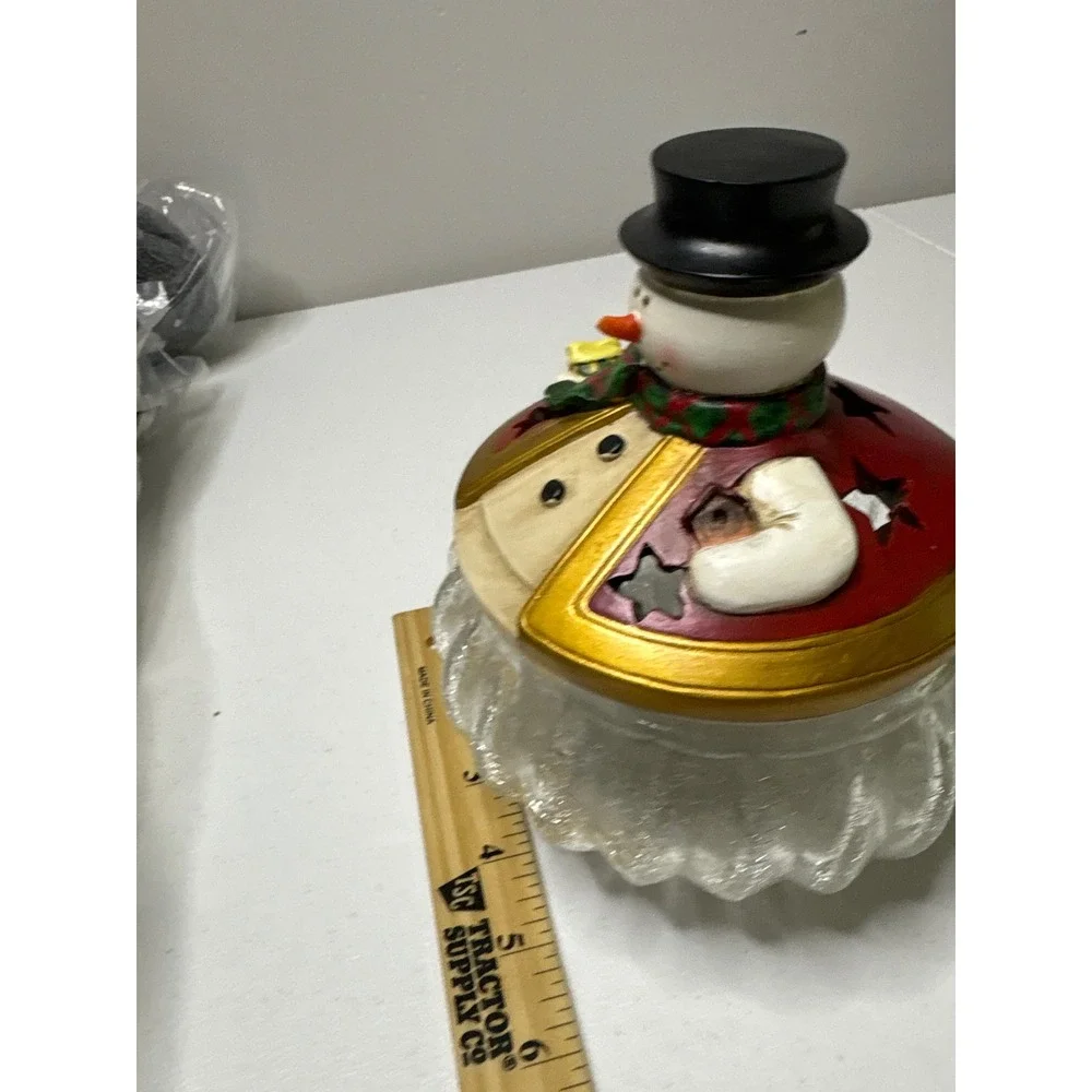 Vintage Christmas Snowman‎ Glass Candy Dish Holiday Decoration Jar